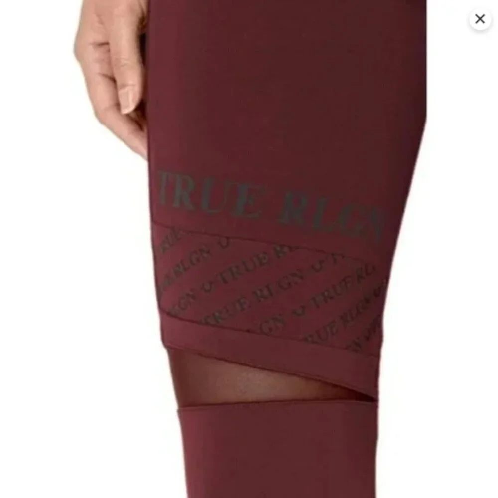 True Religion Maroon/Wine Mesh GYM Yoga Waistband Leggings Size Large EUC #5503 - Picture 3 of 4